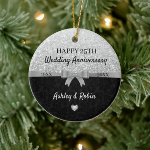 Gray Glitter And Black Damask Ceramic Ornament