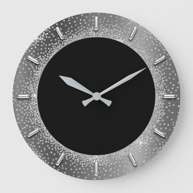 Gray Glitter Silver Grey Black Metal Grey Elegant Large Clock (Front)