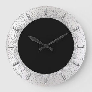 Gray Glitter Silver Grey Black Metallic Confetti Large Clock