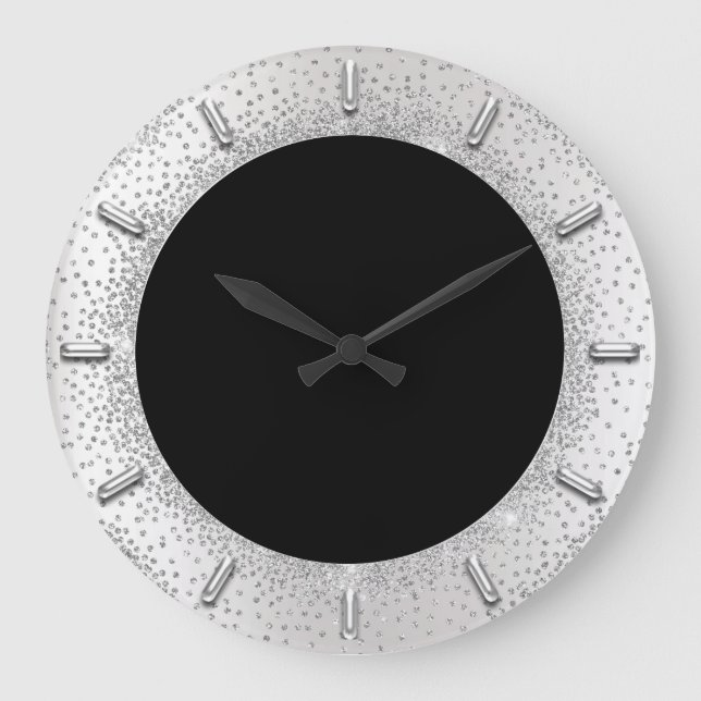 Gray Glitter Silver Grey Black Metallic Confetti Large Clock (Front)