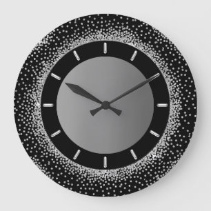 Gray Glitter Silver Grey Black Metallic Crystals Large Clock