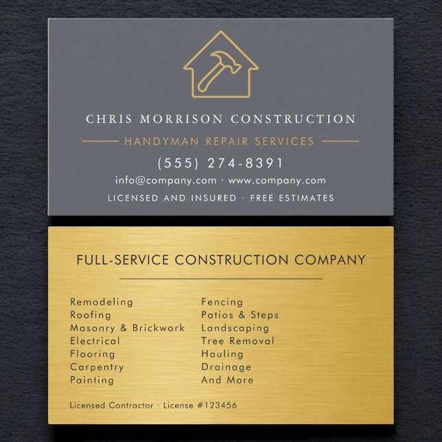 Gray Gold Industrial Handyman Construction Business Card (Creator Uploaded)