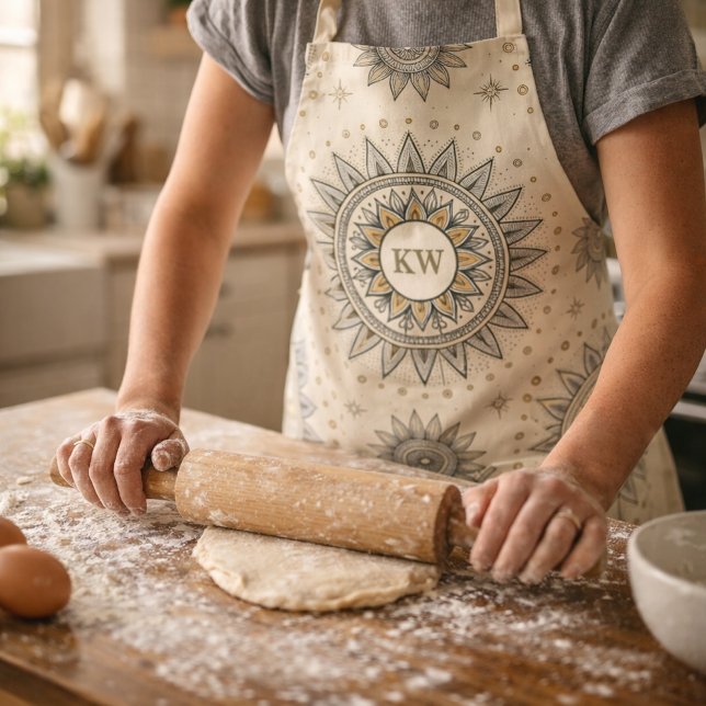 Gray Gold Mandala Pattern Monogram Apron (Creator Uploaded)