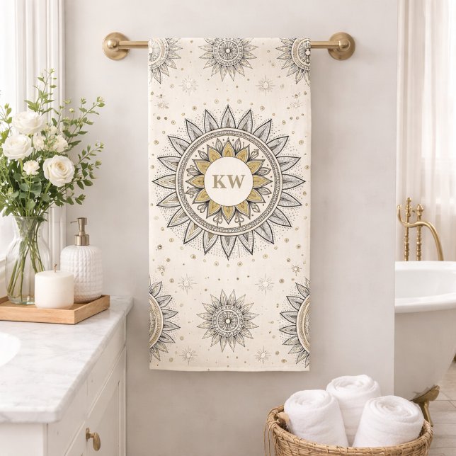 Gray Gold Mandala Pattern Monogram Bath Towel Set (Creator Uploaded)