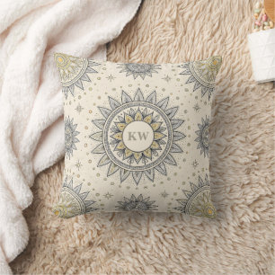 Gray Gold Mandala Pattern Monogram Cushion