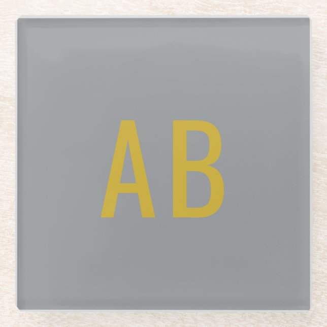 Gray Gold Modern Monogram Initials Glass Design Coaster (Front)
