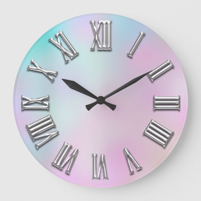 Gray Gray Pink Silver Roman Number Holograph Large Clock (Front)