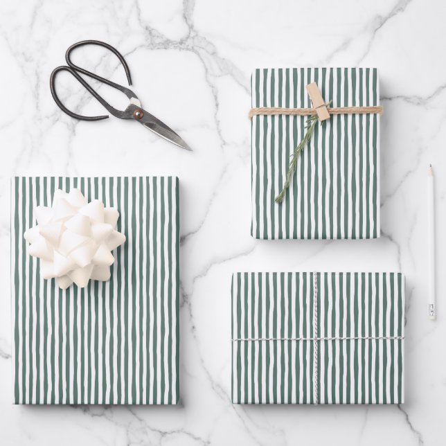 Gray-Green & Black Wonky Stripes Wrapping Paper Sheet (Front)