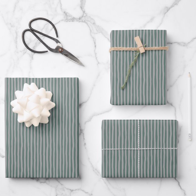 Gray-Green & Gray Wonky Stripes Wrapping Paper Sheet (Front)