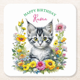 Gray Kitten Themed  Girl's Birthday Party Invite Square Paper Coaster