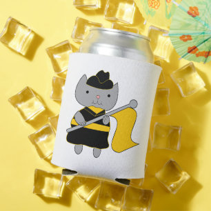 Gray Kitty in Color Guard Uniform with Yellow Flag Can Cooler