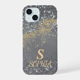 Gray marble chic gold glitter monogram iPhone 15 case