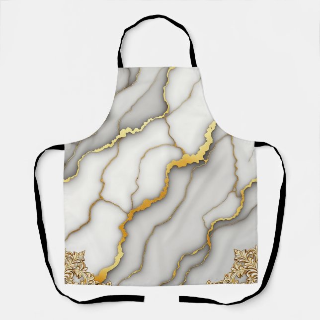 Gray Marble Gold Ornate Frame Pattern Apron (Front)