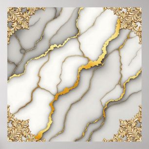 Gray Marble Gold Ornate Frame Pattern Poster
