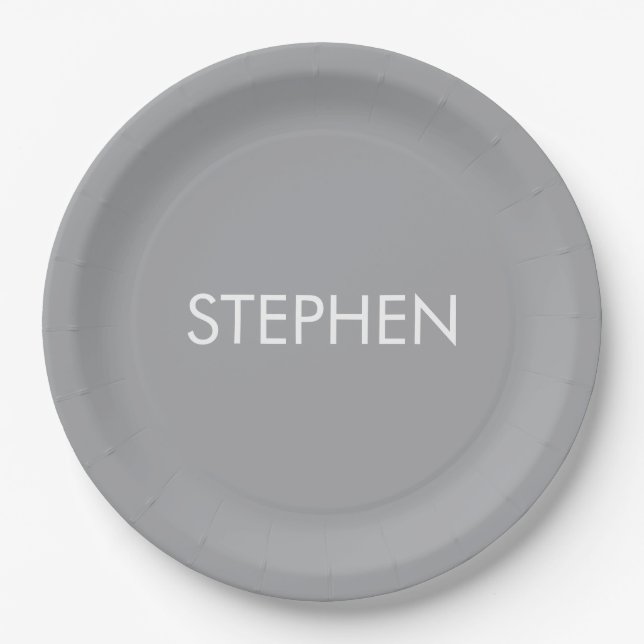 Gray minimalist custom name  paper plate (Front)