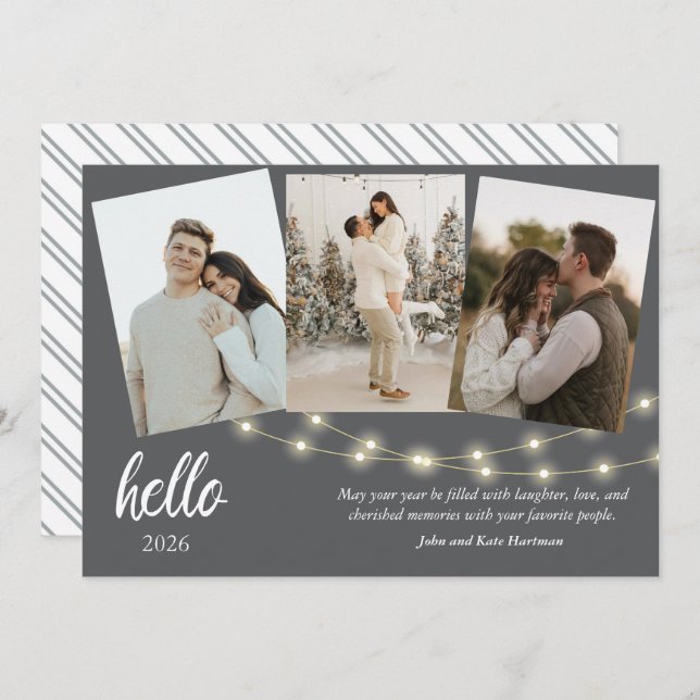 Gray Minimalist Hello New Year Photo Collage (Front/Back)