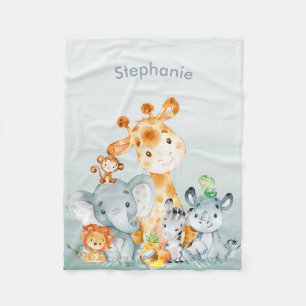 Gray Mint Watercolor Cute Safari Jungle Animals Fleece Blanket