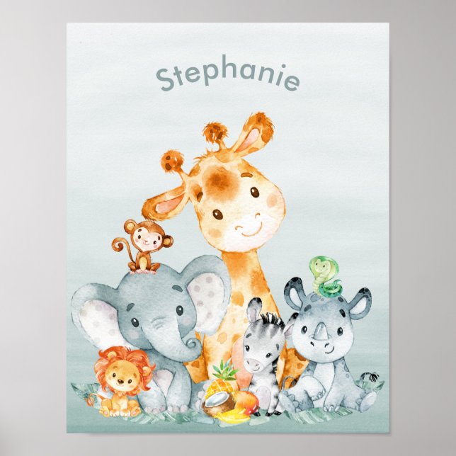 Gray Mint Watercolor Cute Safari Jungle Animals Poster (Front)