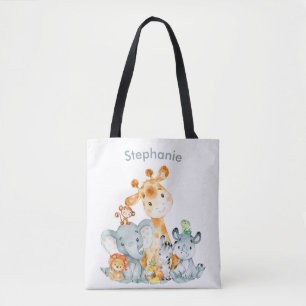 Gray Mint Watercolor Cute Safari Jungle Animals Tote Bag