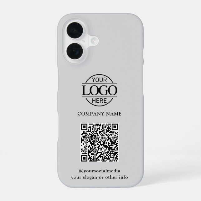 Gray Modern Business Logo & QR Code Promotional iPhone 16 Case (Back)
