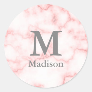 Gray Monogram and Name on Faux Pink Marble Classic Round Sticker
