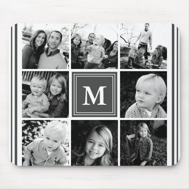 Gray Monogram Family Photo Collage Mouse Pad (Front)