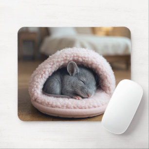 Gray Mouse Sleeping in a Pink Slipper Pad