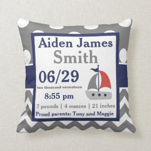 Gray Navy Sailboat Boat Birth Announcement Pillow
