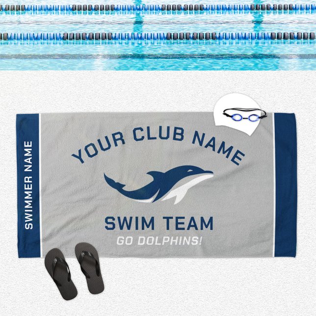 Gray Navy Swim Team Custom Name Beach Towel (Creator Uploaded)