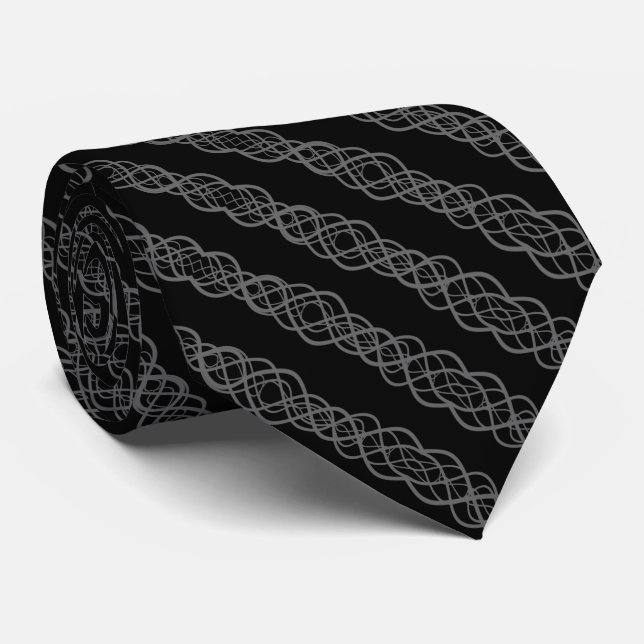 Gray On Black Twisted Curvy Line Drawing Pattern Tie (Rolled)