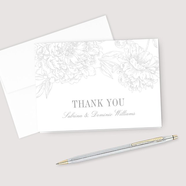 Gray Peony Line Art Monogram Wedding Thank You Card (Creator Uploaded)