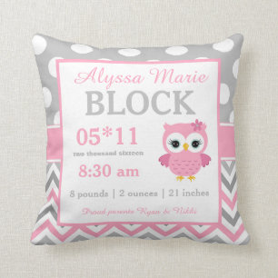 Gray Pink Owl Baby Announcement Pillow