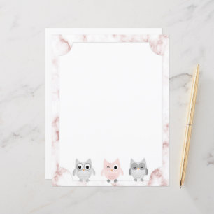 Gray & Pink Owls Rose Gold Marble Border Paper