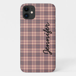 Gray Pink Plaid Tough Personalized Name iPhone 11 Case