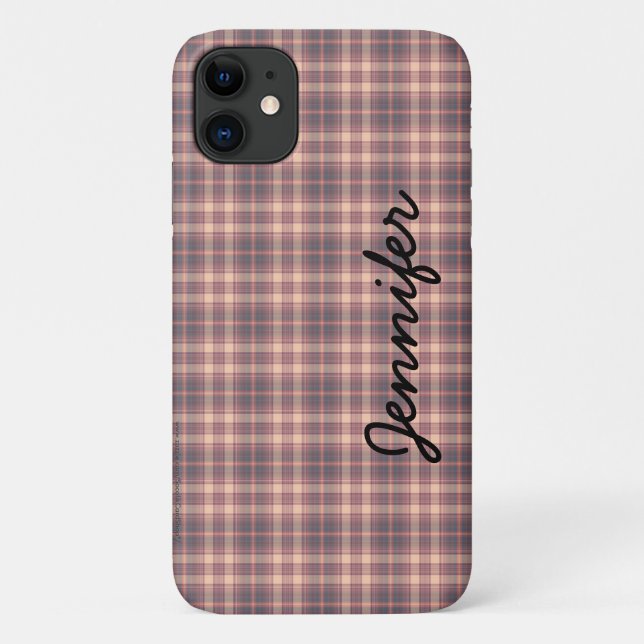 Gray Pink Plaid Tough Personalized Name Case-Mate iPhone Case (Back)