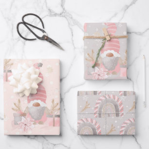 GRAY & PINK WATERCOLOR HOLIDAY GNOME THEME WRAPPING PAPER SHEET