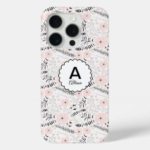 Gray Pink Whimsical Flowers Monogram iPhone 15 Pro Case