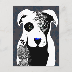 Gray Pit bull dog tattoos and piercing rose  Postcard