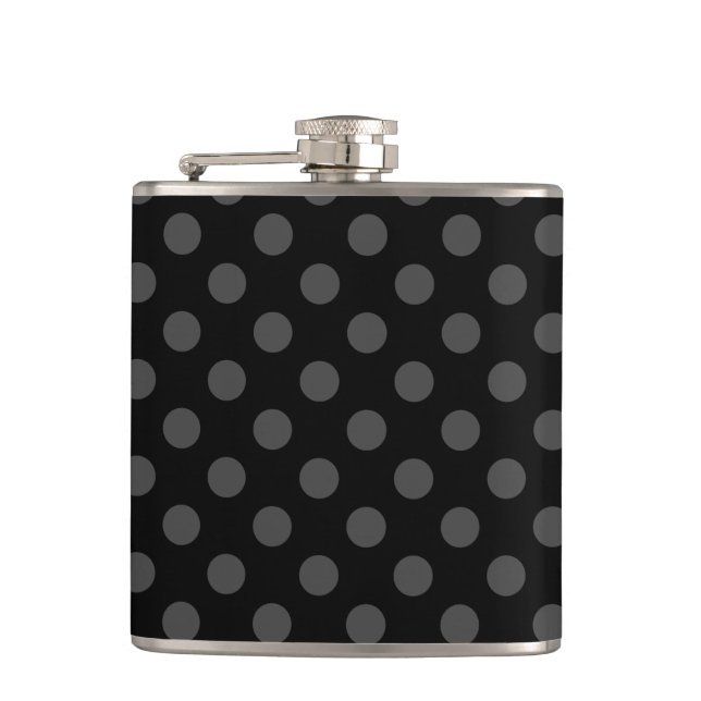 Gray polka dots on black hip flask (Front)