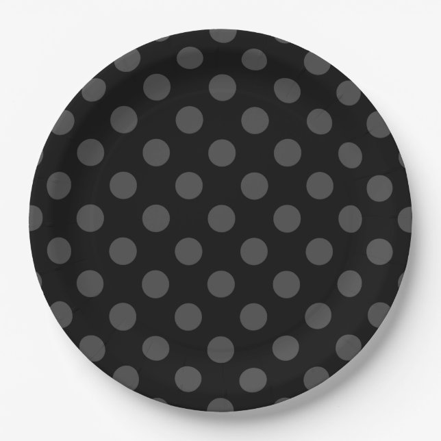 Gray polka dots on black paper plate (Front)