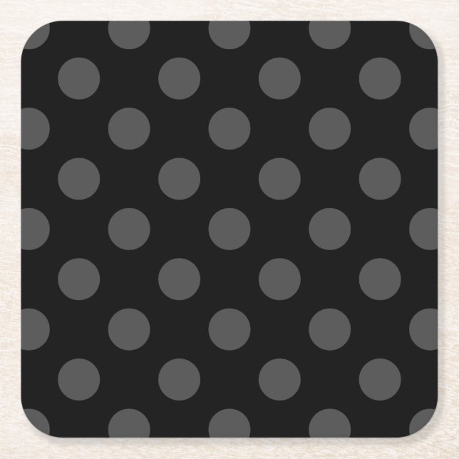 Gray polka dots on black square paper coaster (Front)