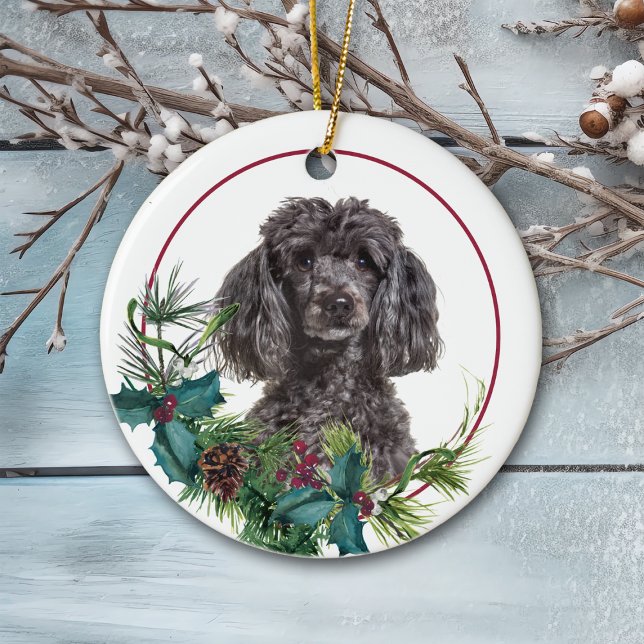Gray Poodle Dog Evergreen Berry Wreath Ceramic Ornament (Creator Uploaded)