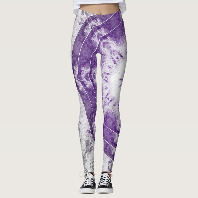 Gray Purple Fractal Art Leggings (Front)