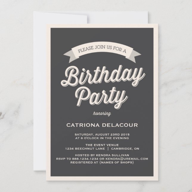 GRAY RETRO TYPOGRAPHY | BIRTHDAY PARTY INVITATION (Front)