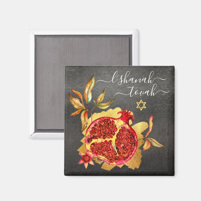 Gray Rosh Hashanah Pomegranate Gold Red Watercolor Magnet (Front/Back)