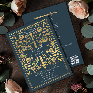 Gray Royal Medieval Gold Sword Wedding QR Code Invitation