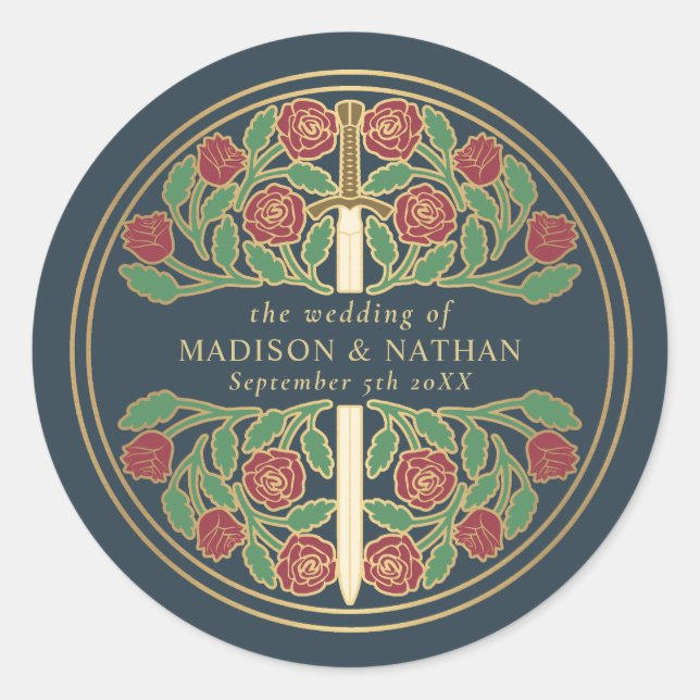 Gray Royal Medieval Sword Wedding  Classic Round Sticker (Front)