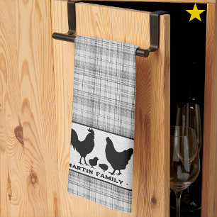 Gray Rustic Farmhouse Plaid Chicken Family Name Tea Towel