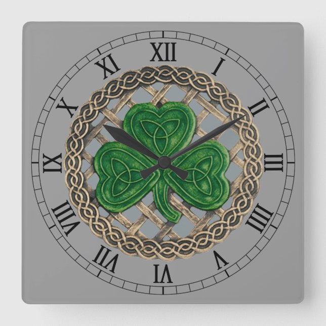 Gray Shamrock & Celtic Knots Roman Numeral Clock (Front)