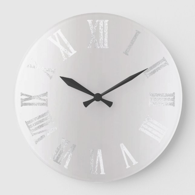 Gray Silver Grey Black Metal Minimal Roman Numbers Large Clock (Front)
